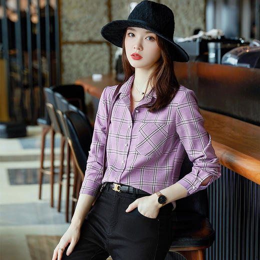 XZ-XZ041-21659XXN紫色格子衬衫女春秋2021年时尚新款长袖雪纺衫上衣百搭款休闲衬衣 商品图0