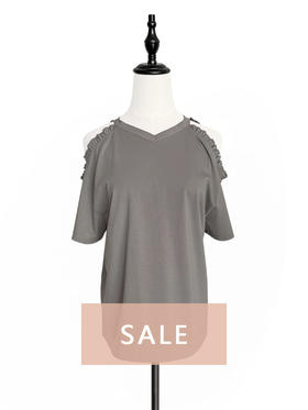TYNVIE 露肩花边装饰短袖T恤 - 灰色