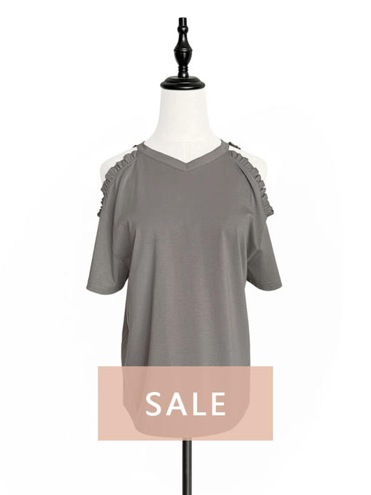 TYNVIE 露肩花边装饰短袖T恤 - 灰色 商品图0