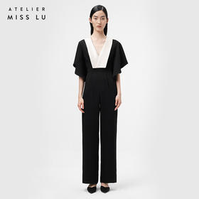 【袖出造型】造型波浪袖黑拼香槟色垂感高腰连体裤/0000068