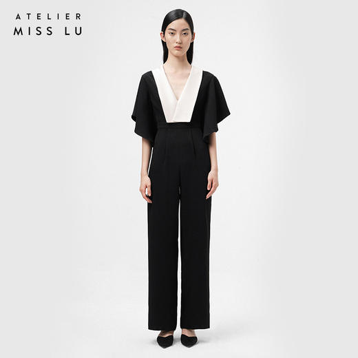 【袖出造型】造型波浪袖黑拼香槟色垂感高腰连体裤/0000068 商品图0