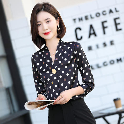 XZ-YQ6101+5007法式真丝衬衫女春秋季桑蚕丝波点印花女士气质V领长袖碎花设计感 商品图1