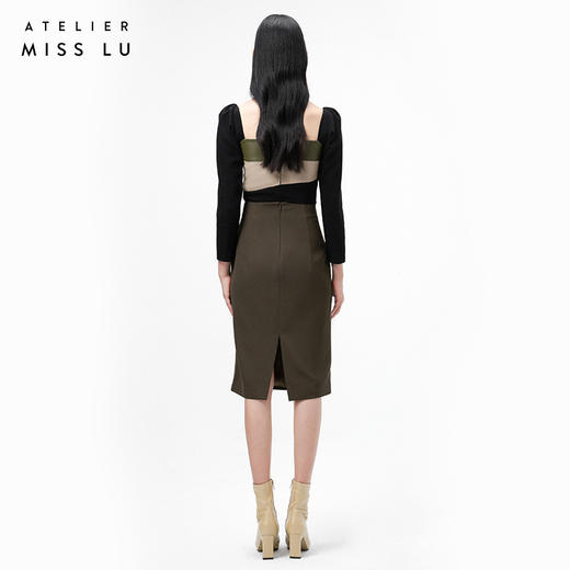 【苔丝】橄榄绿不规则曲线立裁拼皮高腰半裙/000107 商品图3