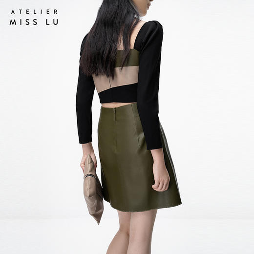 【露西亚】橄榄绿不规则曲线撞色拼皮长袖上衣/00202 商品图3