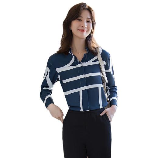 XZ-XZ-8080SY蓝白条纹衬衫女长袖设计感小众别致上衣宽松休闲V领雪纺衬衣秋季 商品图4