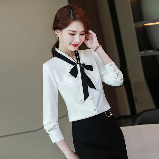 XZ-XZ-YQ6105秋季2021新款领带衬衣职业雪纺白色衬衫女士设计感小众长袖上衣潮 商品图3