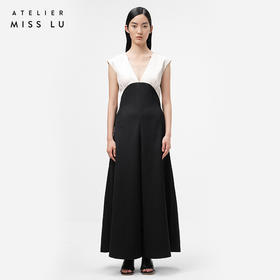 【独此偏爱】深V设计黑拼香槟色挺括质感连体裤/ 0000070