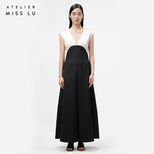 【独此偏爱】深V设计黑拼香槟色挺括质感连体裤/ 0000070 商品图0