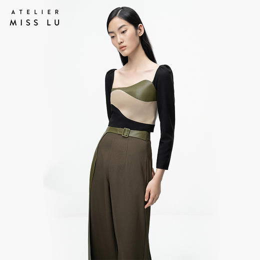 【露西亚】橄榄绿不规则曲线撞色拼皮长袖上衣/00202 商品图1