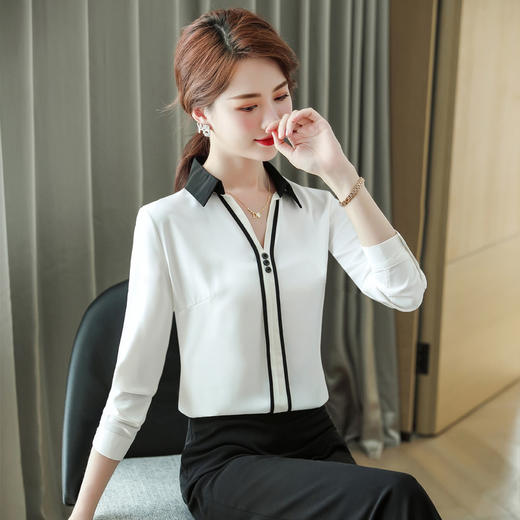 XZ-XZ-YQ6102衬衫女设计感小众2021年新款春秋气质职业装拼色修身打底上衣衬衣 商品图3