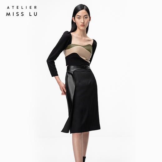 【月夜下】光泽黑不规则曲线立裁拼皮高腰半裙/000107A 商品图2