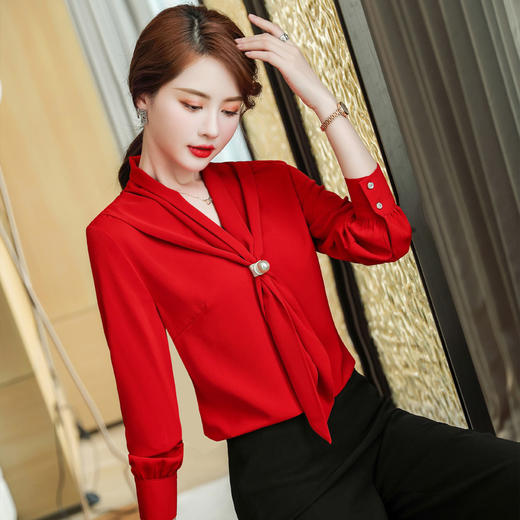 XZ-XZ-YQ6103红色衬衫女秋修身女士长袖雪纺衫秋季正装上衣职业装白衬衣工作服 商品图0