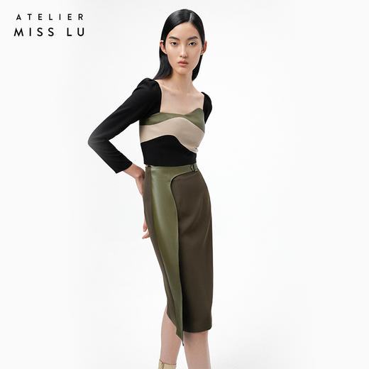 【苔丝】橄榄绿不规则曲线立裁拼皮高腰半裙/000107 商品图2