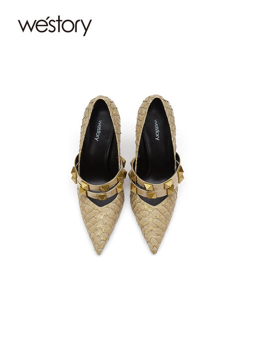 westory2021秋季新品气质铆钉鱼鳞尖头细跟高跟鞋W21CE71481 商品图3