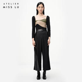 【黎明前】光泽黑不规则曲线立裁拼皮高腰阔腿裤/ 000106A