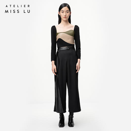 【黎明前】光泽黑不规则曲线立裁拼皮高腰阔腿裤/ 000106A 商品图0