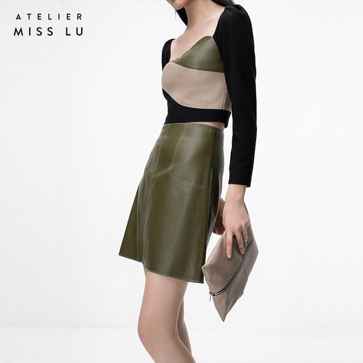 【月下尤加利】橄榄绿仿小羊皮高腰半裙/000108 商品图2