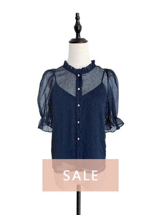 TYNVIE 泡泡袖花边领口衬衫 - 藏青波点 商品图0