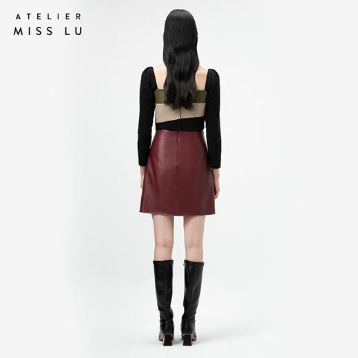 【琴酒】勃艮第酒红仿小羊皮高腰半裙/000108A 商品图3