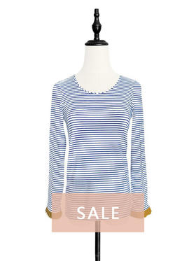 TYNVIE 撞色百褶袖口长袖上衣 - 蓝白条纹