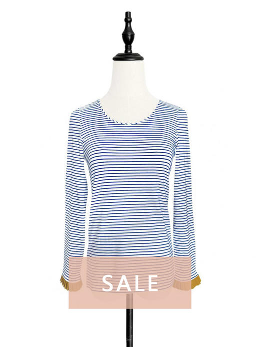 TYNVIE 撞色百褶袖口长袖上衣 - 蓝白条纹 商品图0