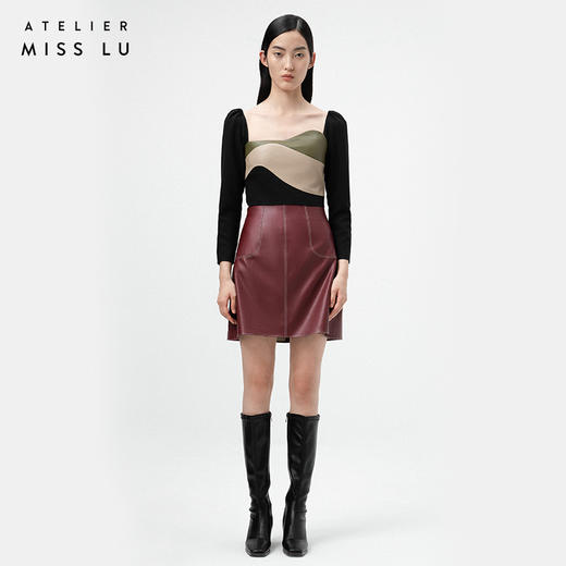 【琴酒】勃艮第酒红仿小羊皮高腰半裙/000108A 商品图0
