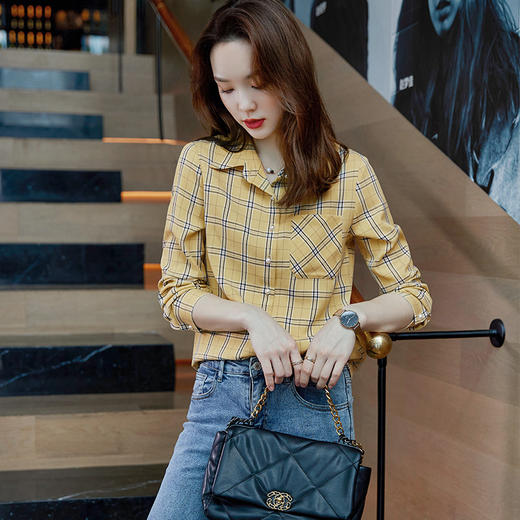 XZ-XZ041-21659XXN紫色格子衬衫女春秋2021年时尚新款长袖雪纺衫上衣百搭款休闲衬衣 商品图2