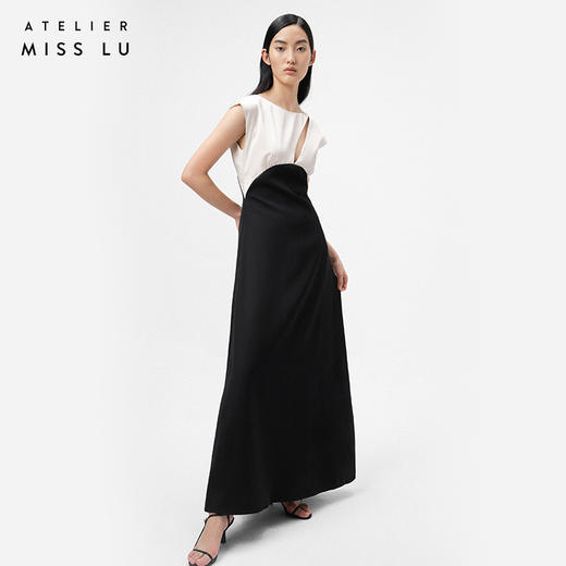 【月夜倒影】细叶镂空设计黑拼香槟色A字气质长裙/ 0000069 商品图2