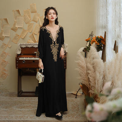 P5014#民族风刺绣棉质波西米亚慵懒甜美宽松深V领显瘦连衣裙长裙送腰带 商品图0