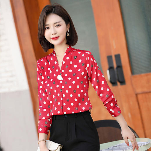 XZ-YQ6101+5007法式真丝衬衫女春秋季桑蚕丝波点印花女士气质V领长袖碎花设计感 商品图2