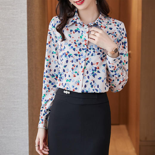 XZ-AL-651135268066衬衫女长袖雪纺2021修身显瘦韩版气质淑女碎花潮百搭职业套装套裙 商品图1