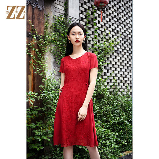 佐尔美夏季新款时尚国风圆领短袖真丝绣花桑蚕丝连衣裙E02LS55 商品图0