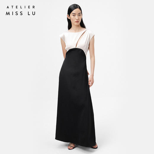 【月夜倒影】细叶镂空设计黑拼香槟色A字气质长裙/ 0000069 商品图1