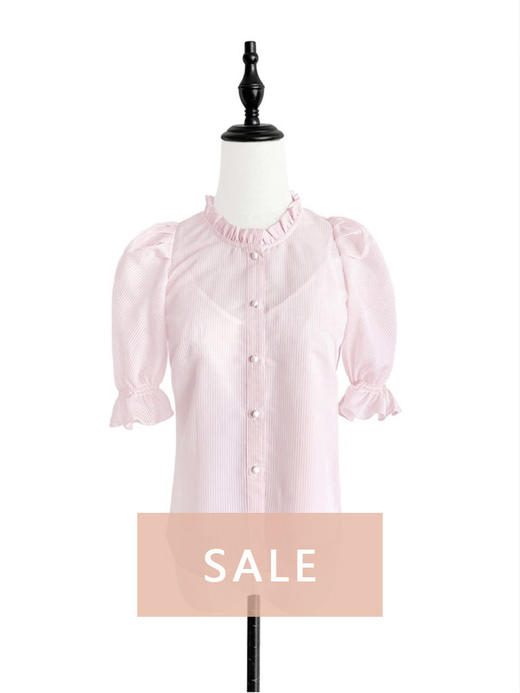 TYNVIE 泡泡袖花边领口衬衫 - 粉色条纹 商品图0