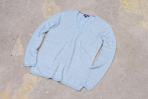 薄款 横纹棉质 胸前刺绣 大V领毛衣/针织衫 T-1071 商品图1