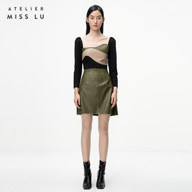 【月下尤加利】橄榄绿仿小羊皮高腰半裙/000108