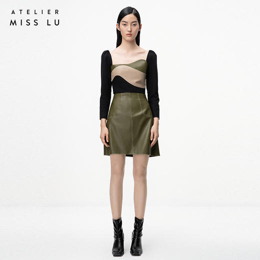 【月下尤加利】橄榄绿仿小羊皮高腰半裙/000108 商品图0