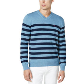 横纹拼色棉质 胸前刺绣 V领毛衣/针织衫 特惠 T-1066