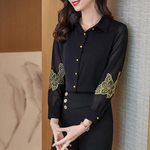 XZ-AL-652339199524黑色职业装衬衫女秋装工作服气质2021新款白色衫长袖刺绣正装衬衣 商品图1