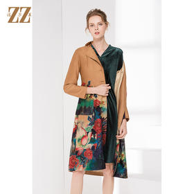 佐尔美新品秋季新品女士中长款修身印花桃皮绒风衣外套E83FC22
