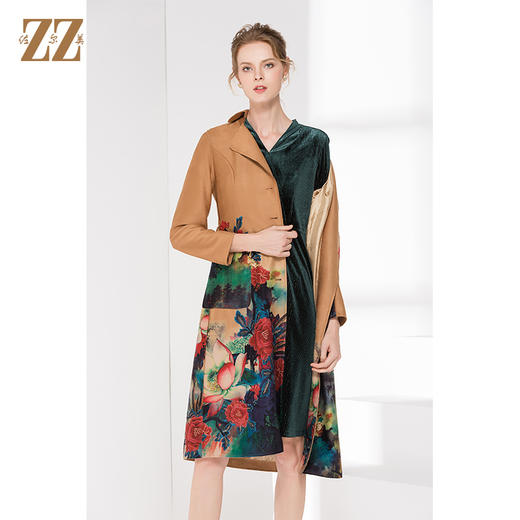 佐尔美新品秋季新品女士中长款修身印花桃皮绒风衣外套E83FC22 商品图0