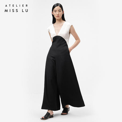 【独此偏爱】深V设计黑拼香槟色挺括质感连体裤/ 0000070 商品图1