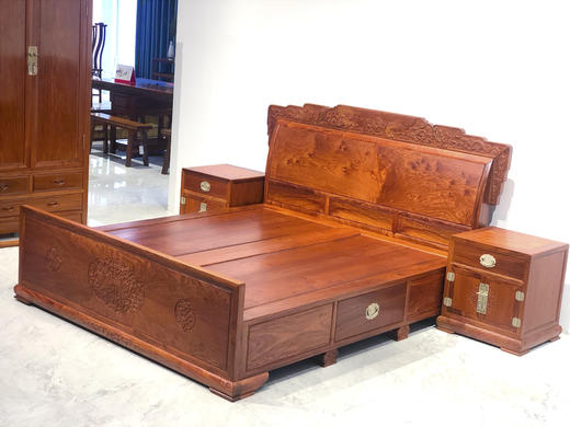 红桥红  家具严选  缅甸花梨（大果紫檀）【180 螭龙弯背素面 高低床 三件套】 商品图8