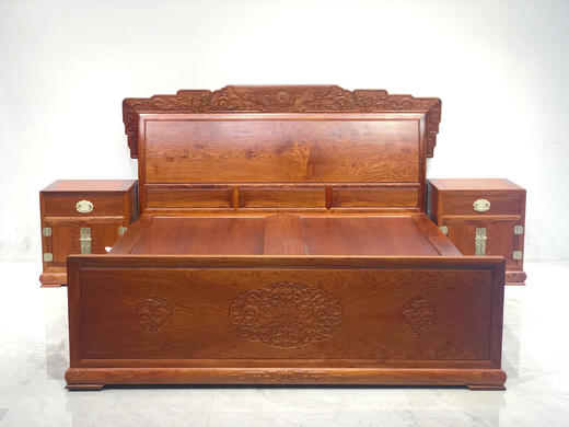 红桥红  家具严选  缅甸花梨（大果紫檀）【180 螭龙弯背素面 高低床 三件套】 商品图0