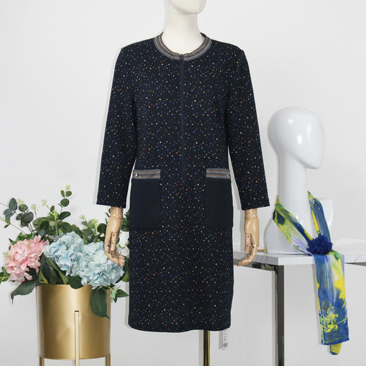 FOCALS福柯斯秋季提花针织拼接七分袖休闲圆领连衣裙F2YCX630BL 商品图0