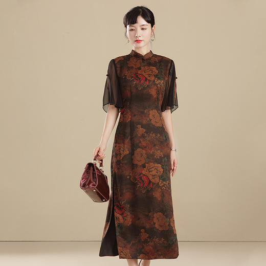 上海旗袍厂AYK-QF-210410香云纱牡丹改良旗袍早秋2021国风时尚修身长款拼接短袖旗袍连衣裙 商品图4