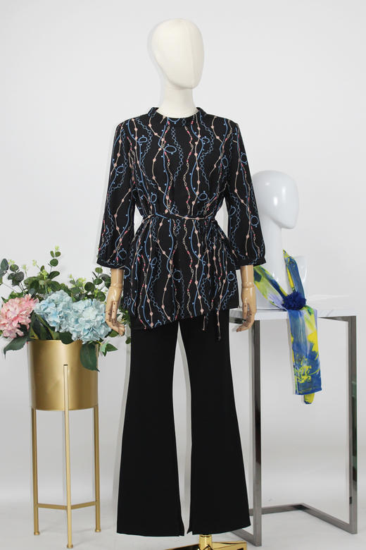 FOCALS女装秋季新款圆领七分袖中长款通勤印花上衣F2YCN662BV 商品图5