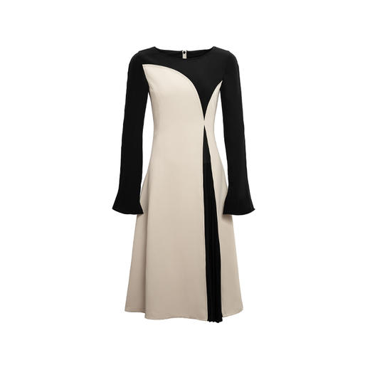 【密林小径】流畅曲线浅米绿拼黑风琴折收腰长袖连衣裙/0000741 商品图4