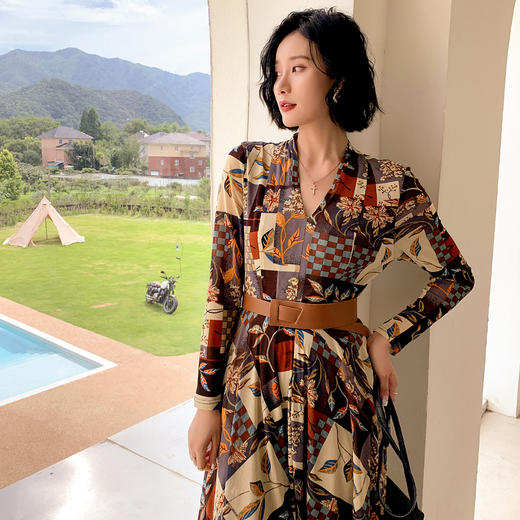 FOCALS福柯斯秋季新款针织网布长袖V领印花连衣裙F2Y7X016RV 商品图2