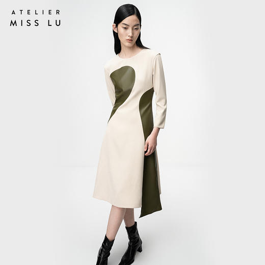 【乌木砂砾】砂岩驼趣味曲块撞色拼皮收腰连衣裙/0000731 商品图2